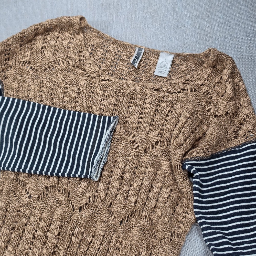 BKE Sweater Women S Tan Excellent Mixed Media Striped Sleeve Open Knit Crochet